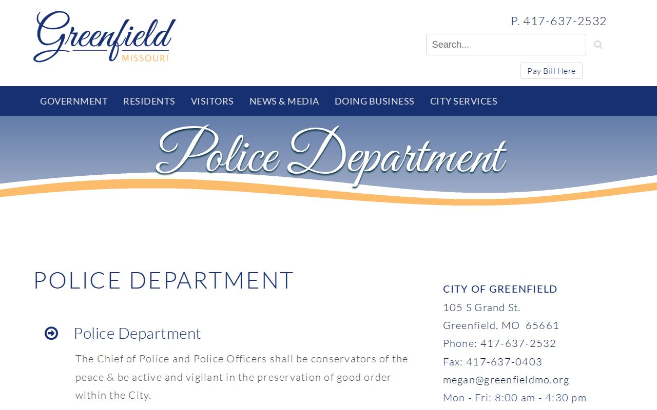 Greenfield Police Department official contact page with agency details