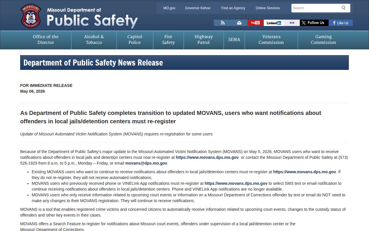 Missouri MOVANS transition notice for Dade County custody alerts