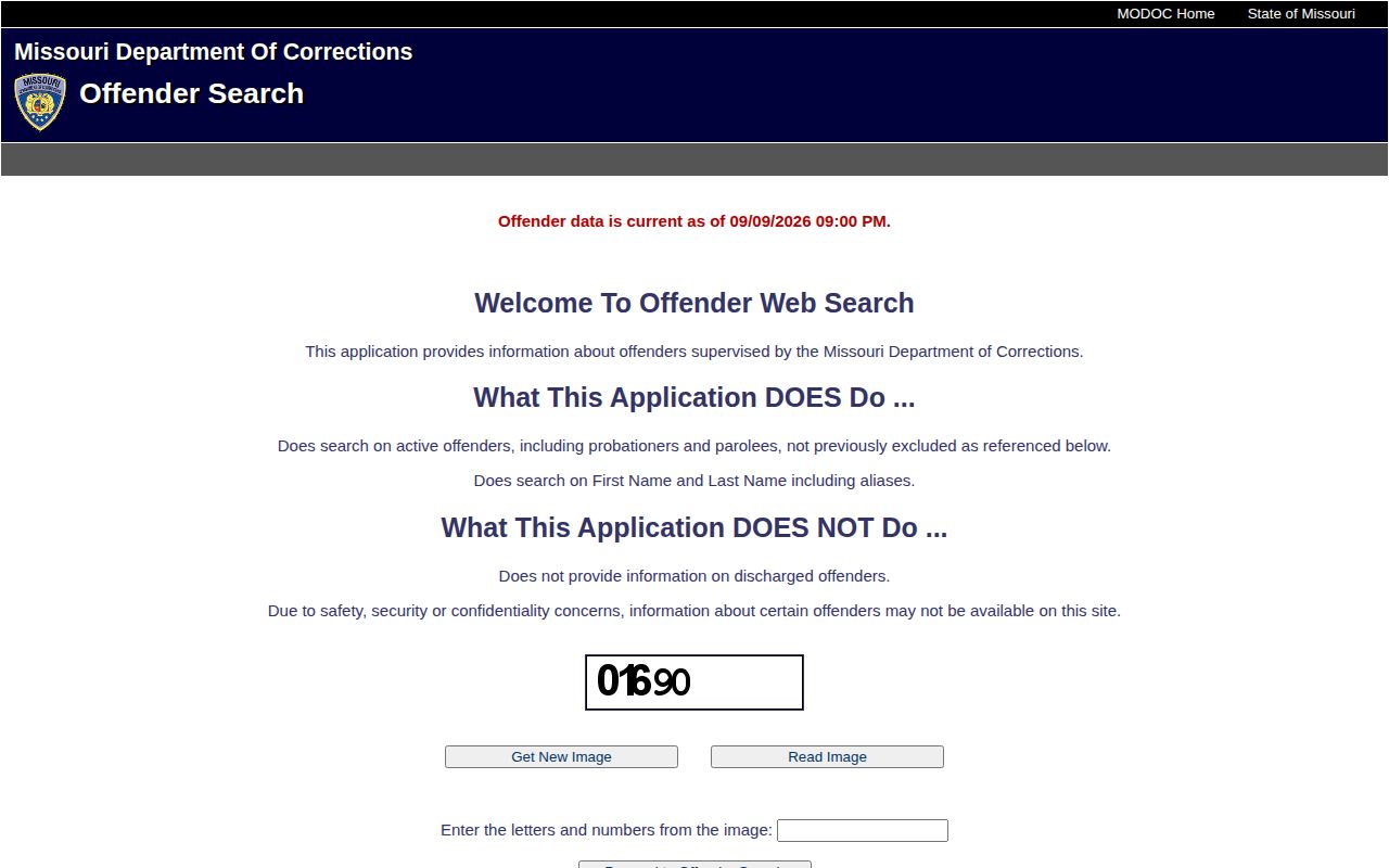 Missouri Department of Corrections official offender search screen