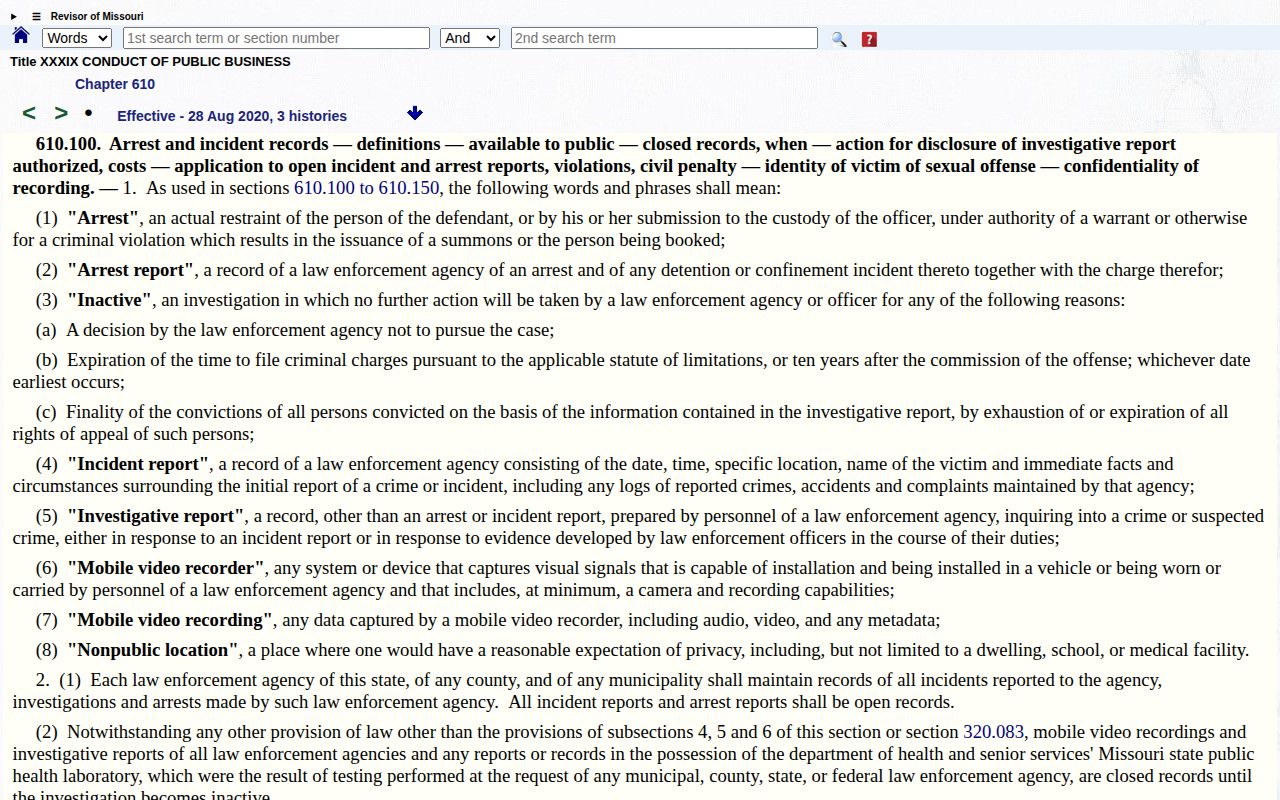 Missouri statute governing open and closed arrest reports